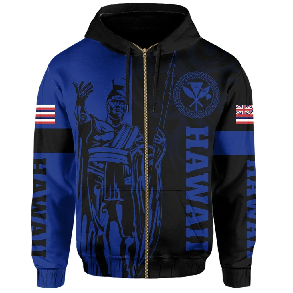 Polynesian Pride Hoodie Hawaii King Polynesian Hoodie Zip up Lawla Style Blue