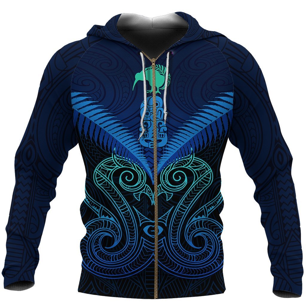Maori Manaia New Zealand Zip up Hoodie Blue