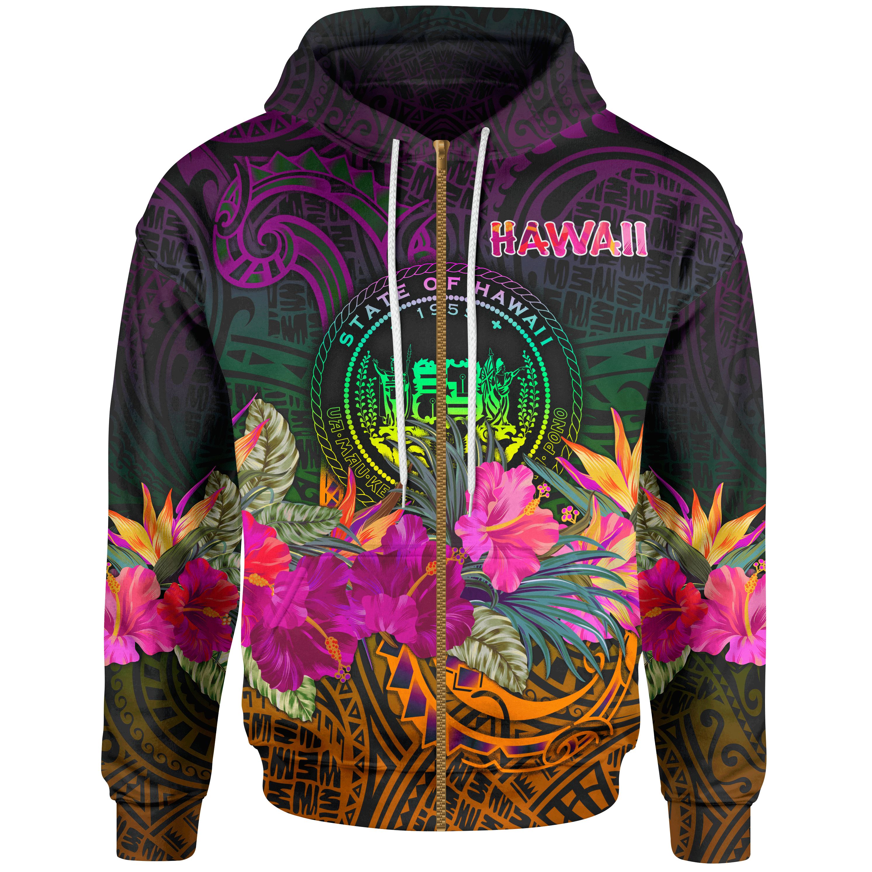 Polynesian Hawaii Zip up Hoodie Summer Hibiscus