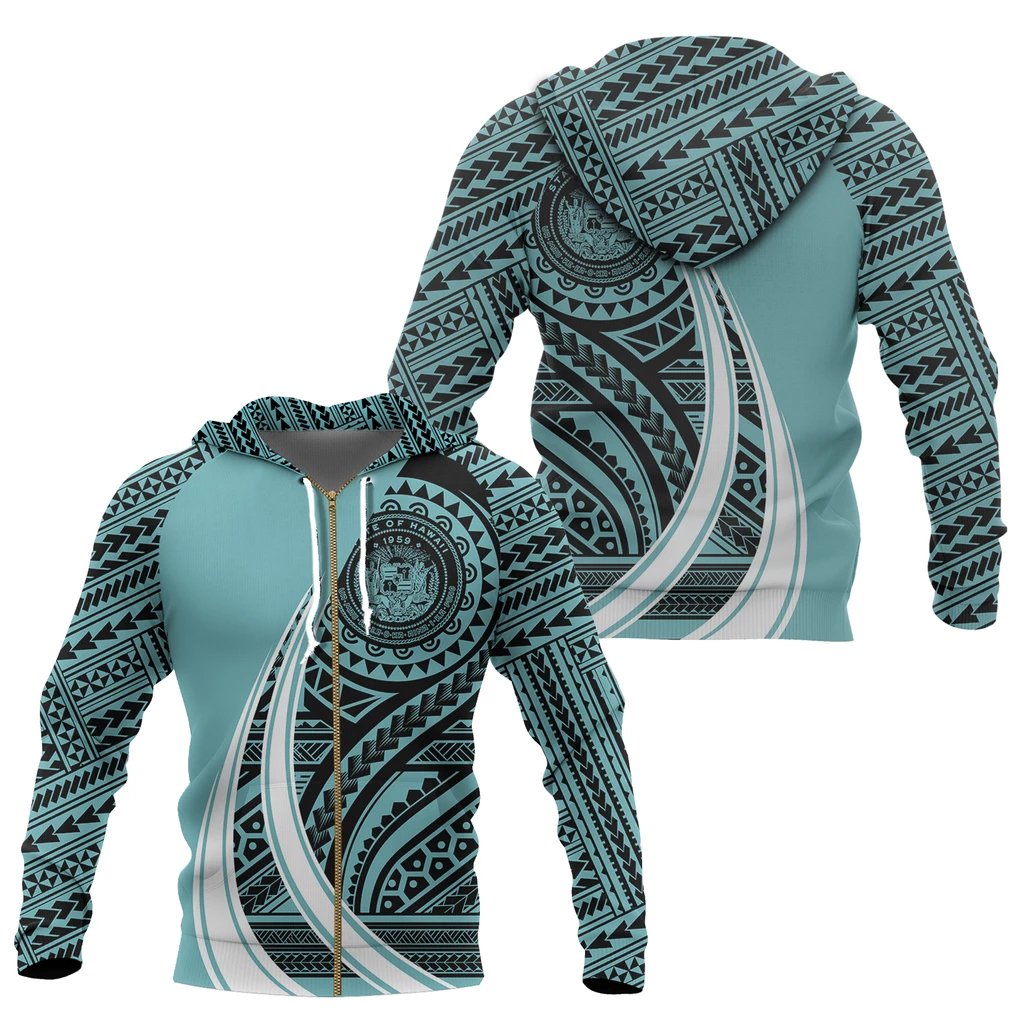 Hawaii Coat of Arms Polynesian Zip up Hoodie Tatoo Style Blue