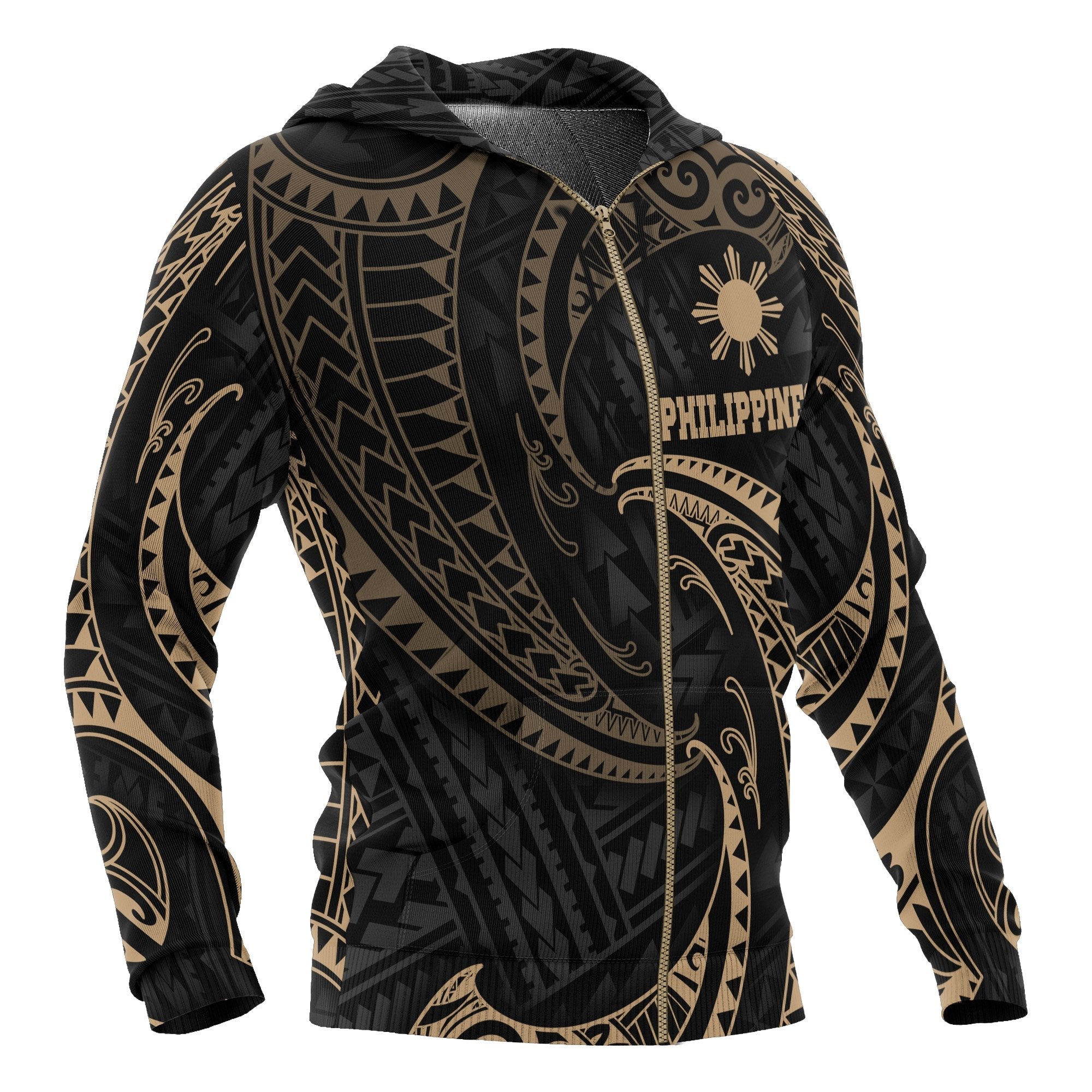 Philippines Zip up Hoodie Gold Tribal Wave
