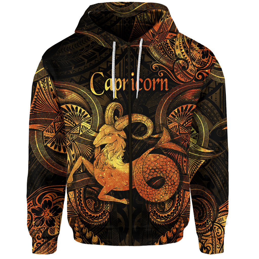 Custom Capricorn Zodiac Polynesian Zip Hoodie Unique Style Gold LT8