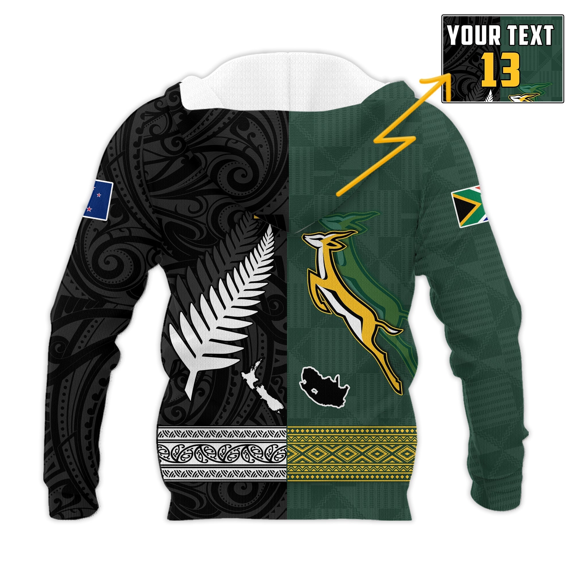 (Custom Text and Number) South Africa Protea and New Zealand Fern Hoodie Rugby Go Springboks vs All Black LT13