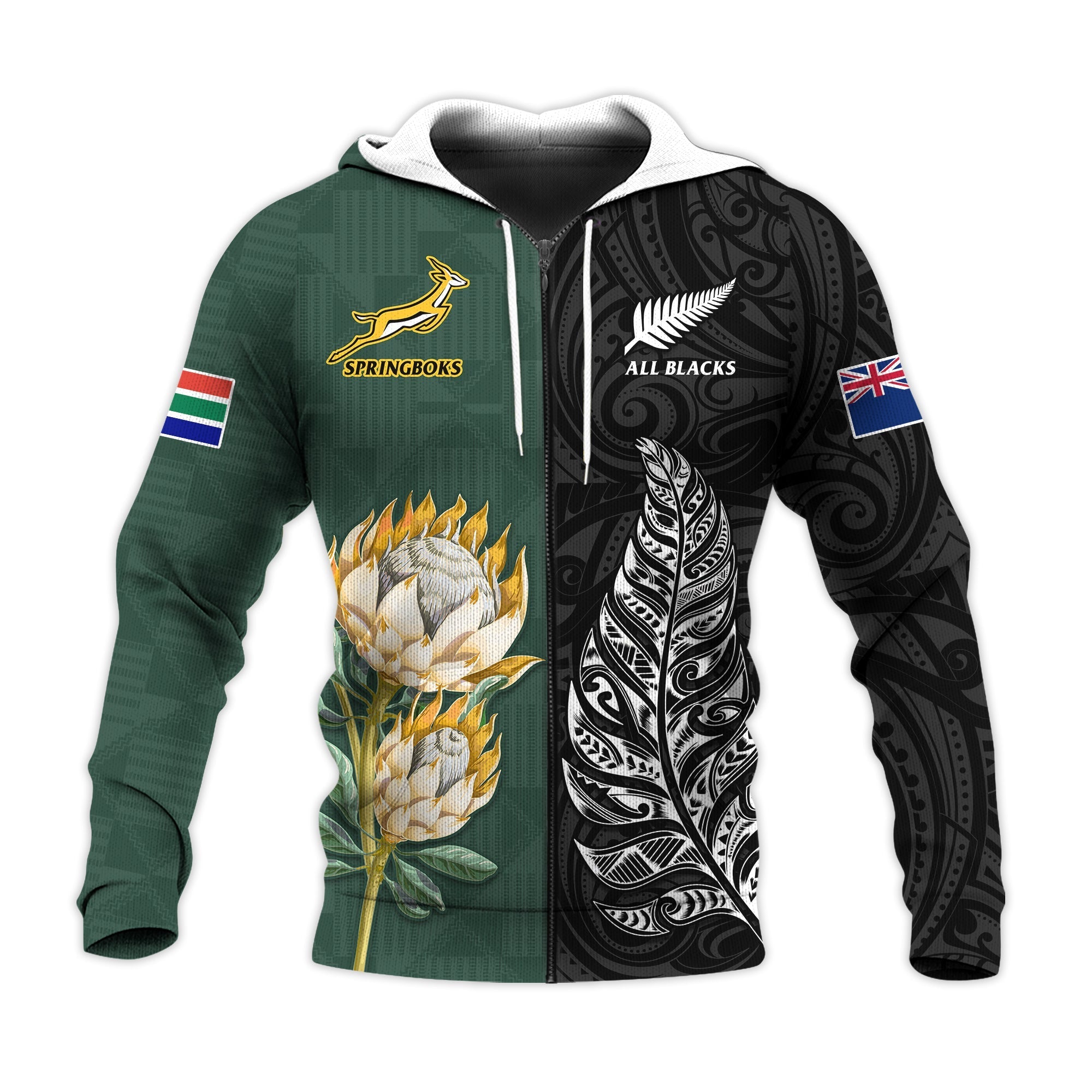 (Custom Text and Number) South Africa Protea and New Zealand Fern Hoodie Rugby Go Springboks vs All Black LT13