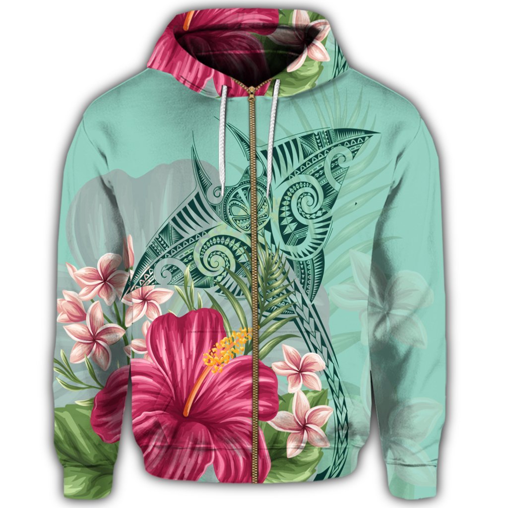 Hawaii Manta Ray Tropical Hibiscus Plumeria Zip Hoodie