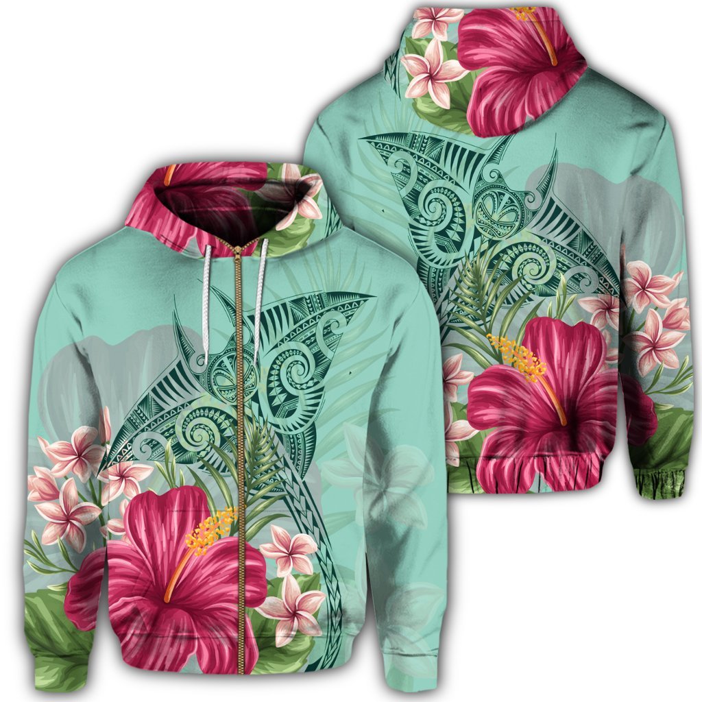 Hawaii Manta Ray Tropical Hibiscus Plumeria Zip Hoodie
