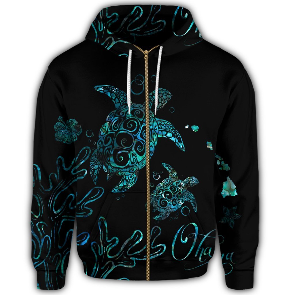 Hawaii Turtle Ohana Paua Shell Zip Hoodie