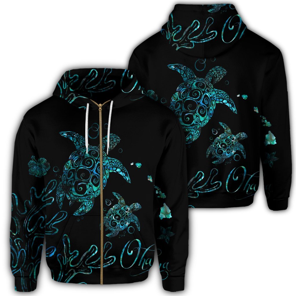 Hawaii Turtle Ohana Paua Shell Zip Hoodie