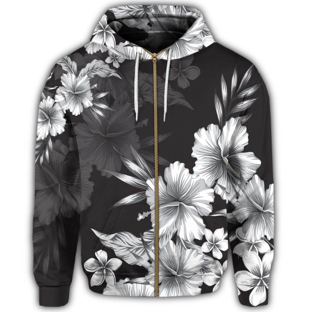 Hawaiian Hibiscus Black and White Polynesian Zip Hoodie