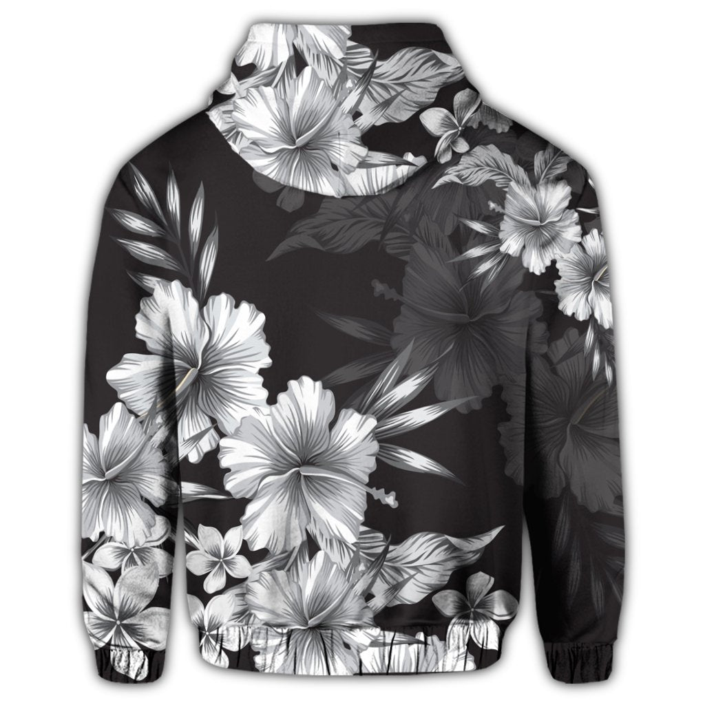 Hawaiian Hibiscus Black and White Polynesian Zip Hoodie