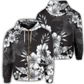 Hawaiian Hibiscus Black and White Polynesian Zip Hoodie