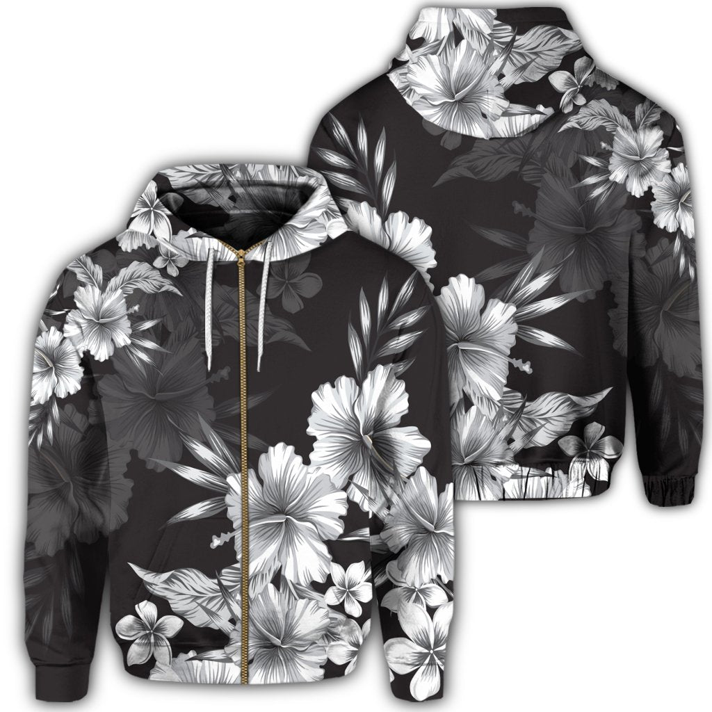 Hawaiian Hibiscus Black and White Polynesian Zip Hoodie