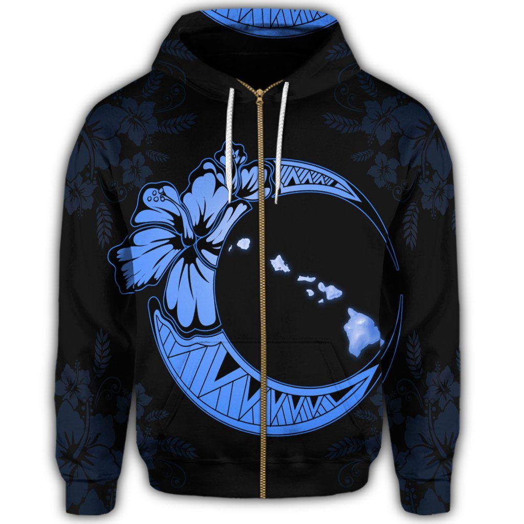 Hawaiian Map Hibiscus Turtle Polynesian Moon Zip Hoodie Blue