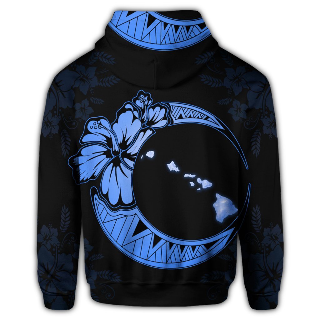 Hawaiian Map Hibiscus Turtle Polynesian Moon Zip Hoodie Blue