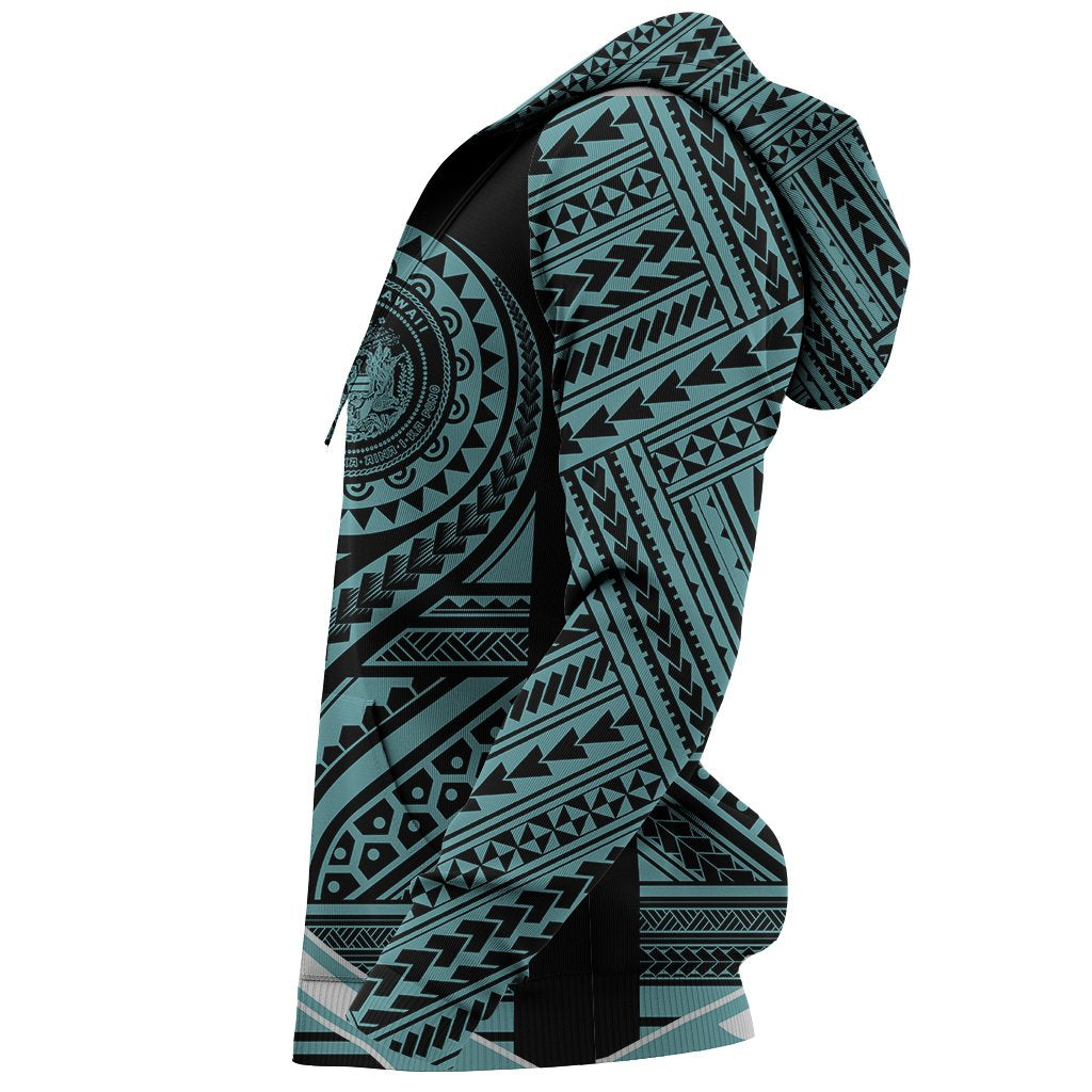 Hawaii Coat of Arms Polynesian Zip up Hoodie Tatoo Style Blue