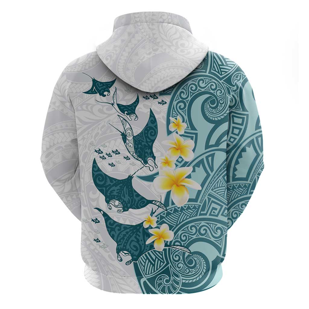 Maori Manta Ray Plumeria Teal Zip Hoodie LT01