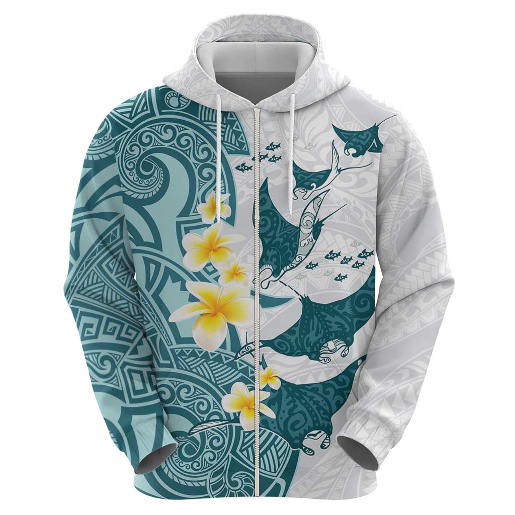 Maori Manta Ray Plumeria Teal Zip Hoodie LT01