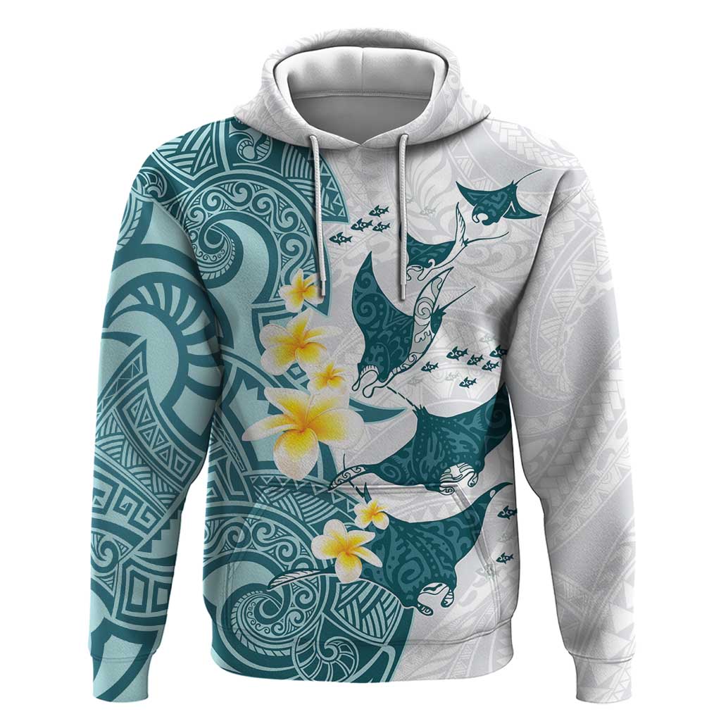 Maori Manta Ray Plumeria Teal Zip Hoodie LT01