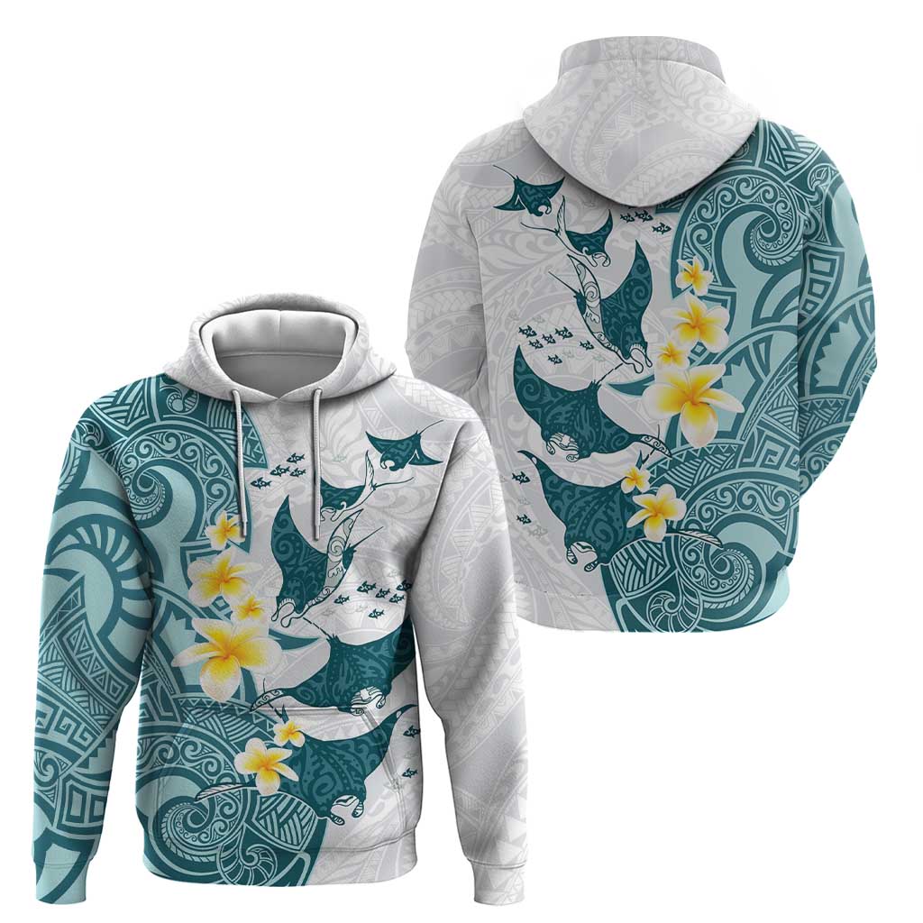 Maori Manta Ray Plumeria Teal Zip Hoodie LT01