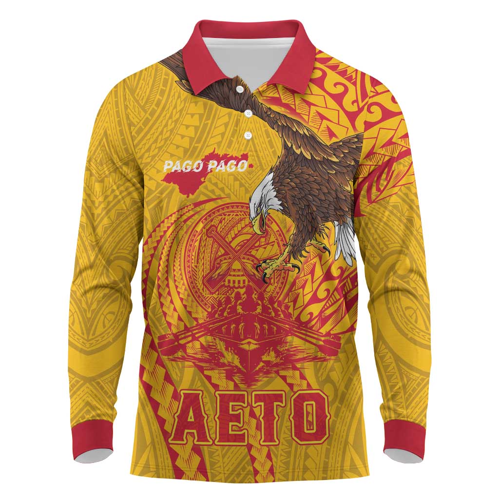 Personalized American Samoa Fautasi Race Long Sleeve Polo Shirt Aeto Pago Pago with Eagle Samoan Tribal Patterns LT03