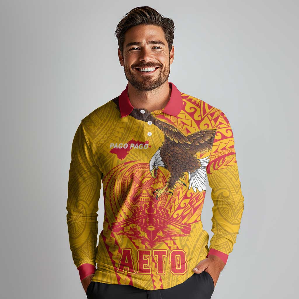 Personalized American Samoa Fautasi Race Long Sleeve Polo Shirt Aeto Pago Pago with Eagle Samoan Tribal Patterns LT03