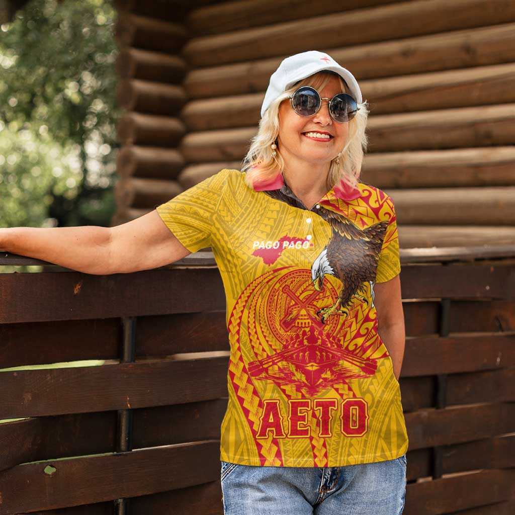 Personalized American Samoa Fautasi Race Women Polo Shirt Aeto Pago Pago with Eagle Samoan Tribal Patterns LT03