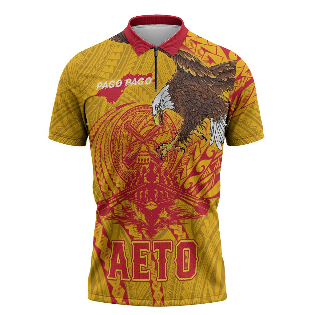 Personalized American Samoa Fautasi Race Zipper Polo Shirt Aeto Pago Pago with Eagle Samoan Tribal Patterns LT03