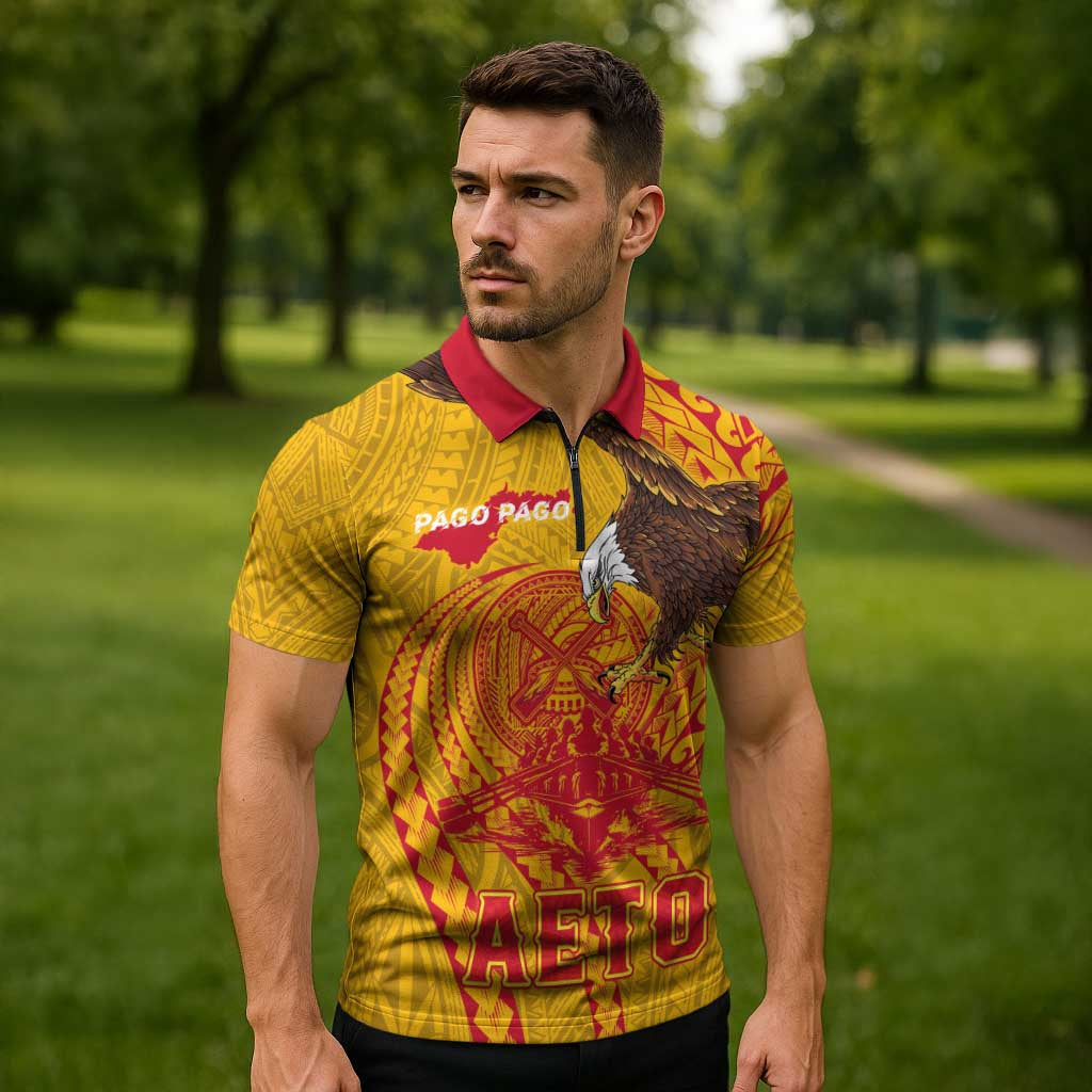 Personalized American Samoa Fautasi Race Zipper Polo Shirt Aeto Pago Pago with Eagle Samoan Tribal Patterns LT03