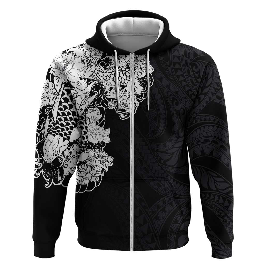 Hawaiian and Japanese Together Zip Hoodie Japanese Koi Fish Tattoo and Kakau Pattern Black Color LT03