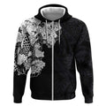 Hawaiian and Japanese Together Zip Hoodie Japanese Koi Fish Tattoo and Kakau Pattern Black Color LT03