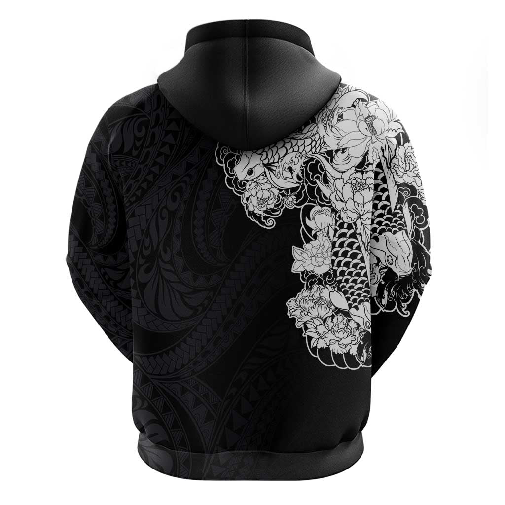Hawaiian and Japanese Together Zip Hoodie Japanese Koi Fish Tattoo and Kakau Pattern Black Color LT03