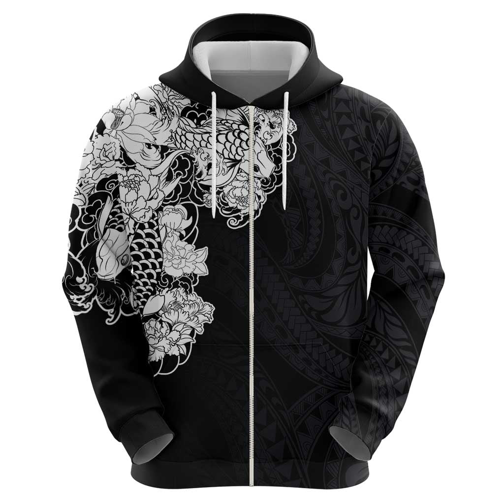 Hawaiian and Japanese Together Zip Hoodie Japanese Koi Fish Tattoo and Kakau Pattern Black Color LT03