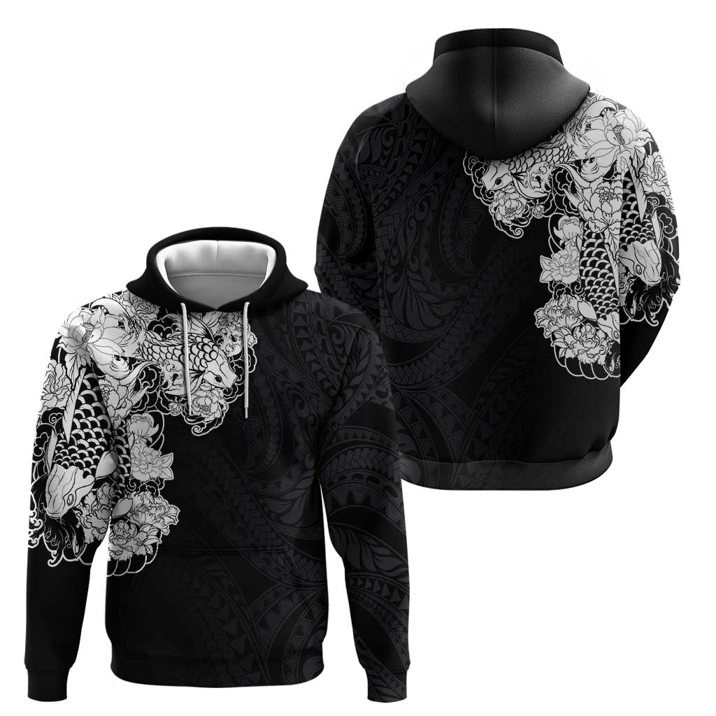 Hawaiian and Japanese Together Zip Hoodie Japanese Koi Fish Tattoo and Kakau Pattern Black Color LT03