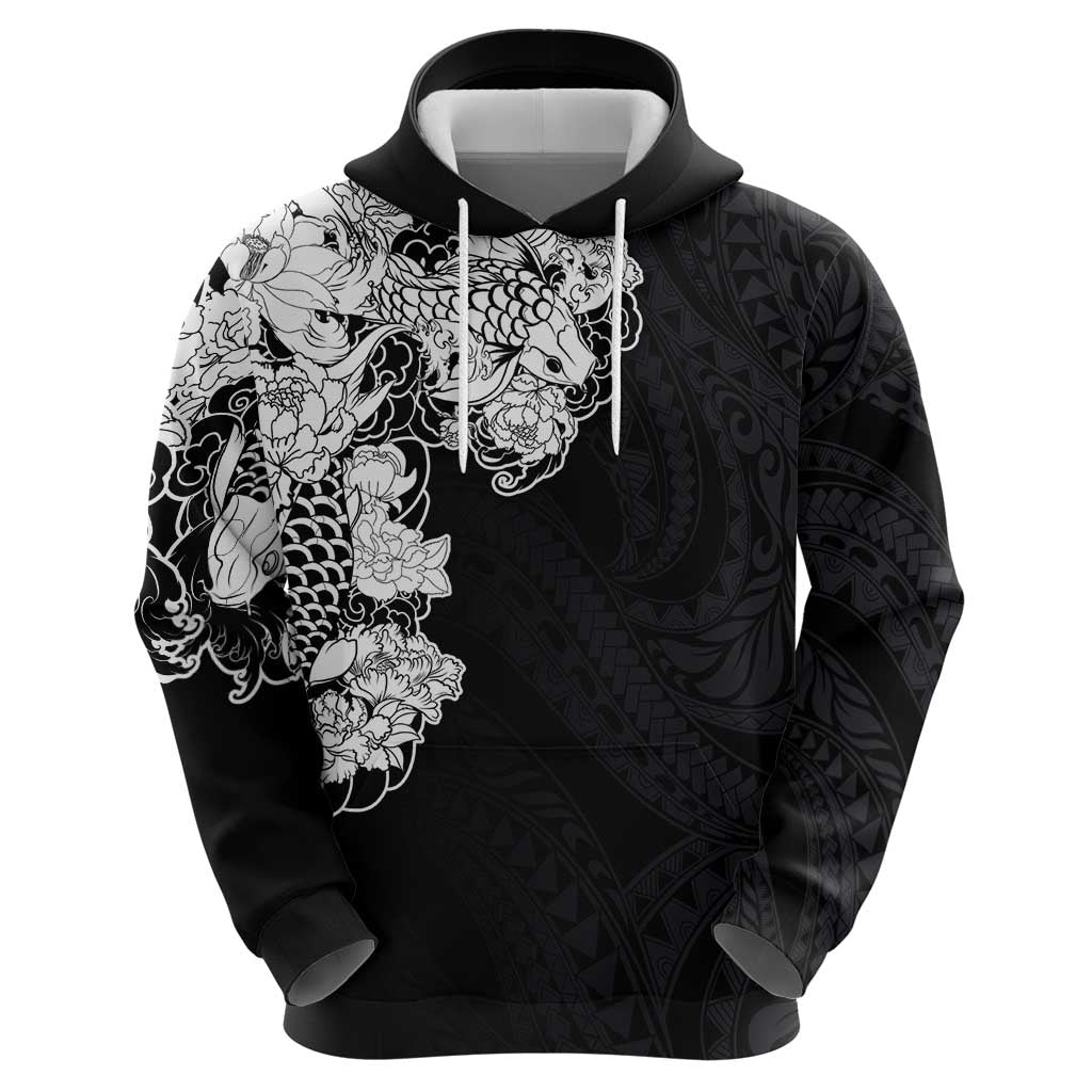 Hawaiian and Japanese Together Zip Hoodie Japanese Koi Fish Tattoo and Kakau Pattern Black Color LT03