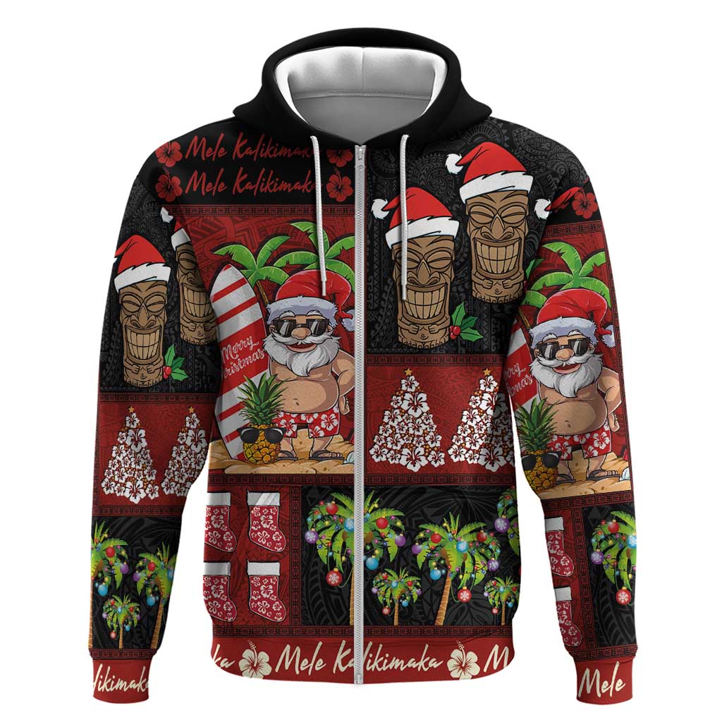 Hawaiian Christmas Zip Hoodie - Mele Kalikimaka Island Holiday Vibes - Black Red LT03