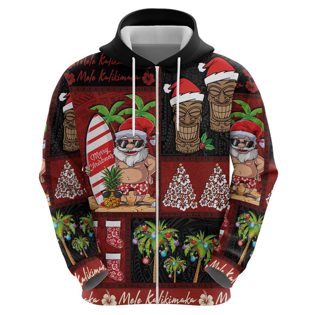 Hawaiian Christmas Zip Hoodie - Mele Kalikimaka Island Holiday Vibes - Black Red LT03