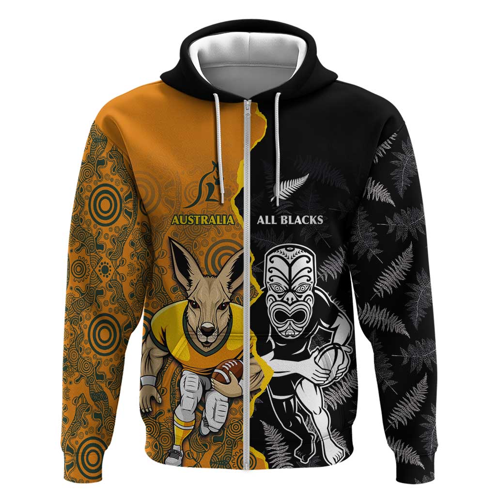 Custom New Zealand and Australia Rugby Championship 2024 Zip Hoodie Maori Warrior and Kangaroo Mascot with Fern Aboriginal LT03