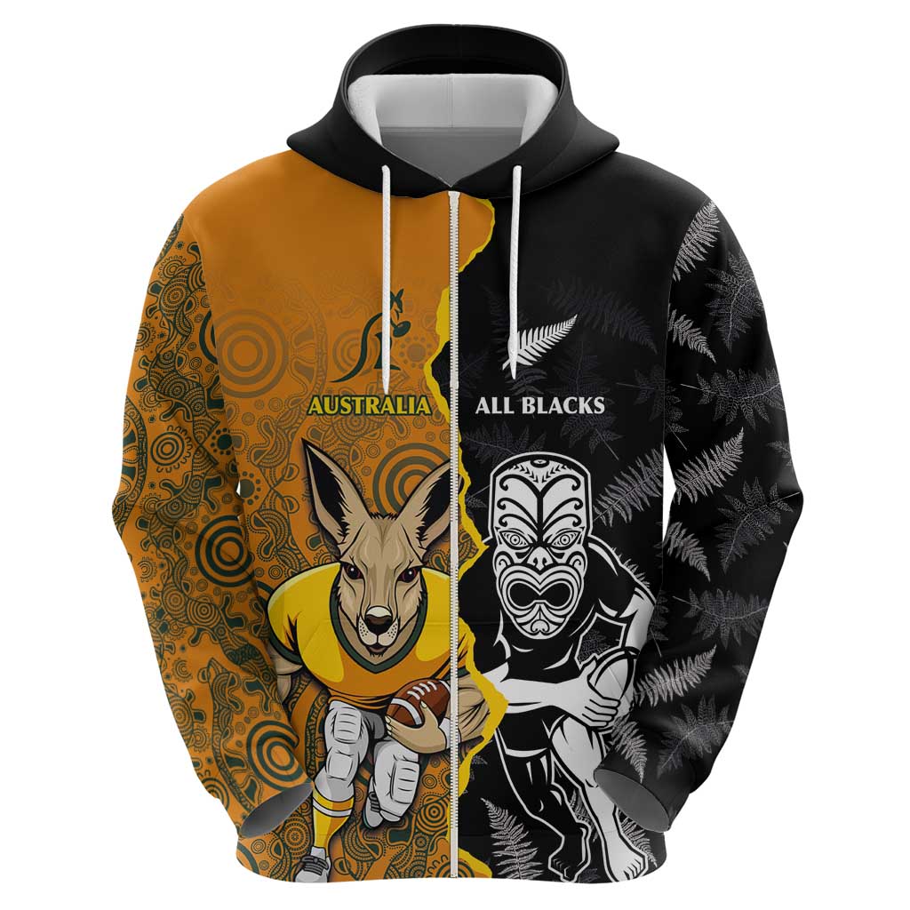 Custom New Zealand and Australia Rugby Championship 2024 Zip Hoodie Maori Warrior and Kangaroo Mascot with Fern Aboriginal LT03