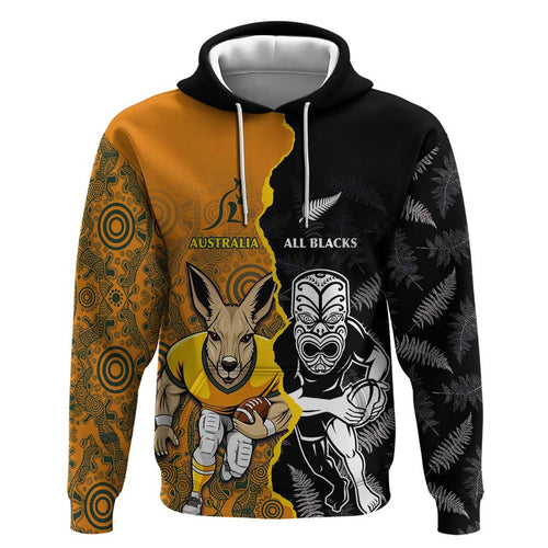 Custom New Zealand and Australia Rugby Championship 2024 Zip Hoodie Maori Warrior and Kangaroo Mascot with Fern Aboriginal LT03