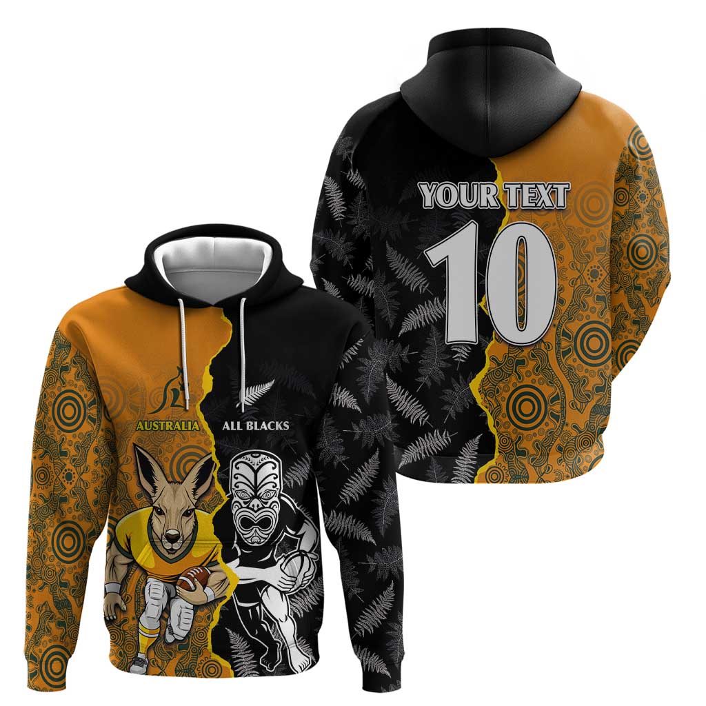 Custom New Zealand and Australia Rugby Championship 2024 Zip Hoodie Maori Warrior and Kangaroo Mascot with Fern Aboriginal LT03