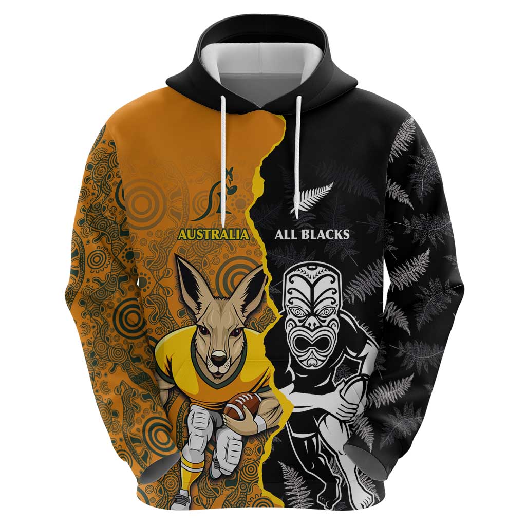 Custom New Zealand and Australia Rugby Championship 2024 Zip Hoodie Maori Warrior and Kangaroo Mascot with Fern Aboriginal LT03