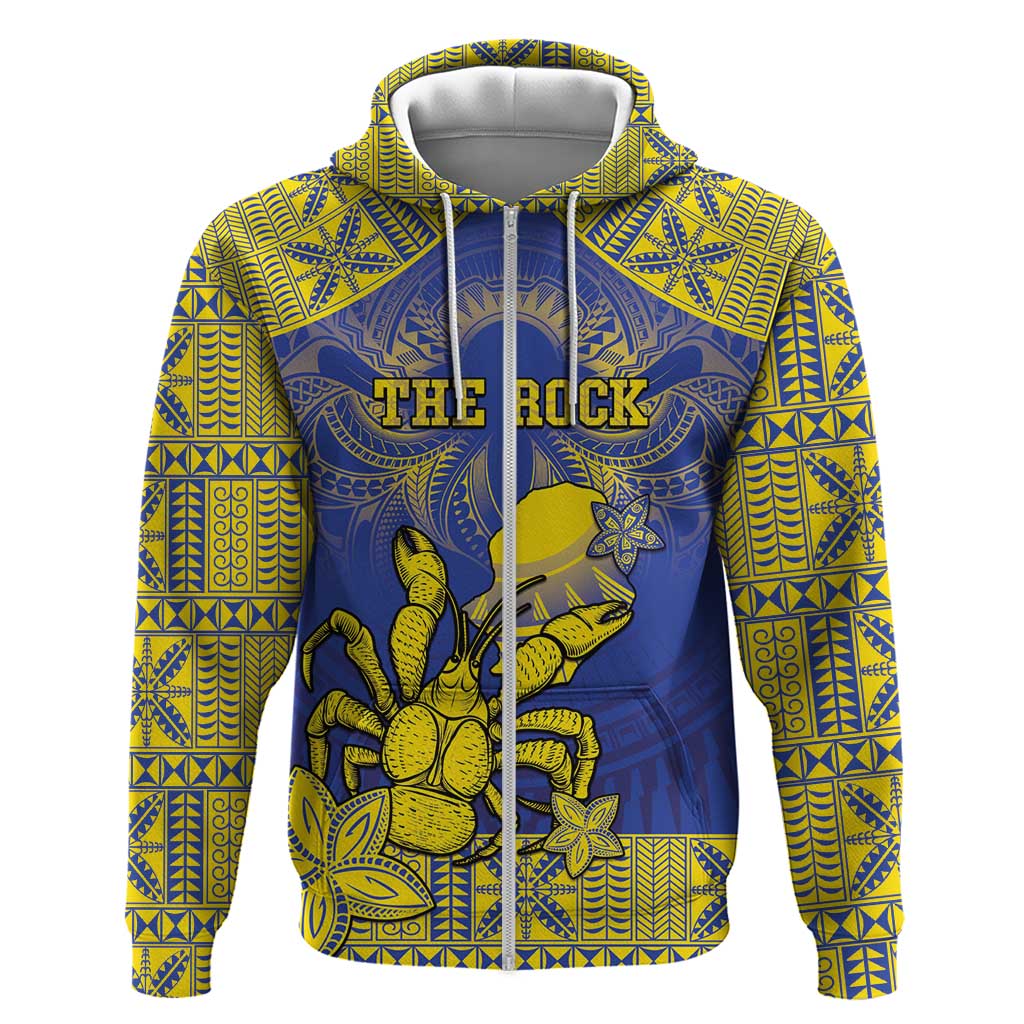Personalised Niue The Rock Zip Hoodie Niuean Crab Hiapo Pattern Blue Version LT05