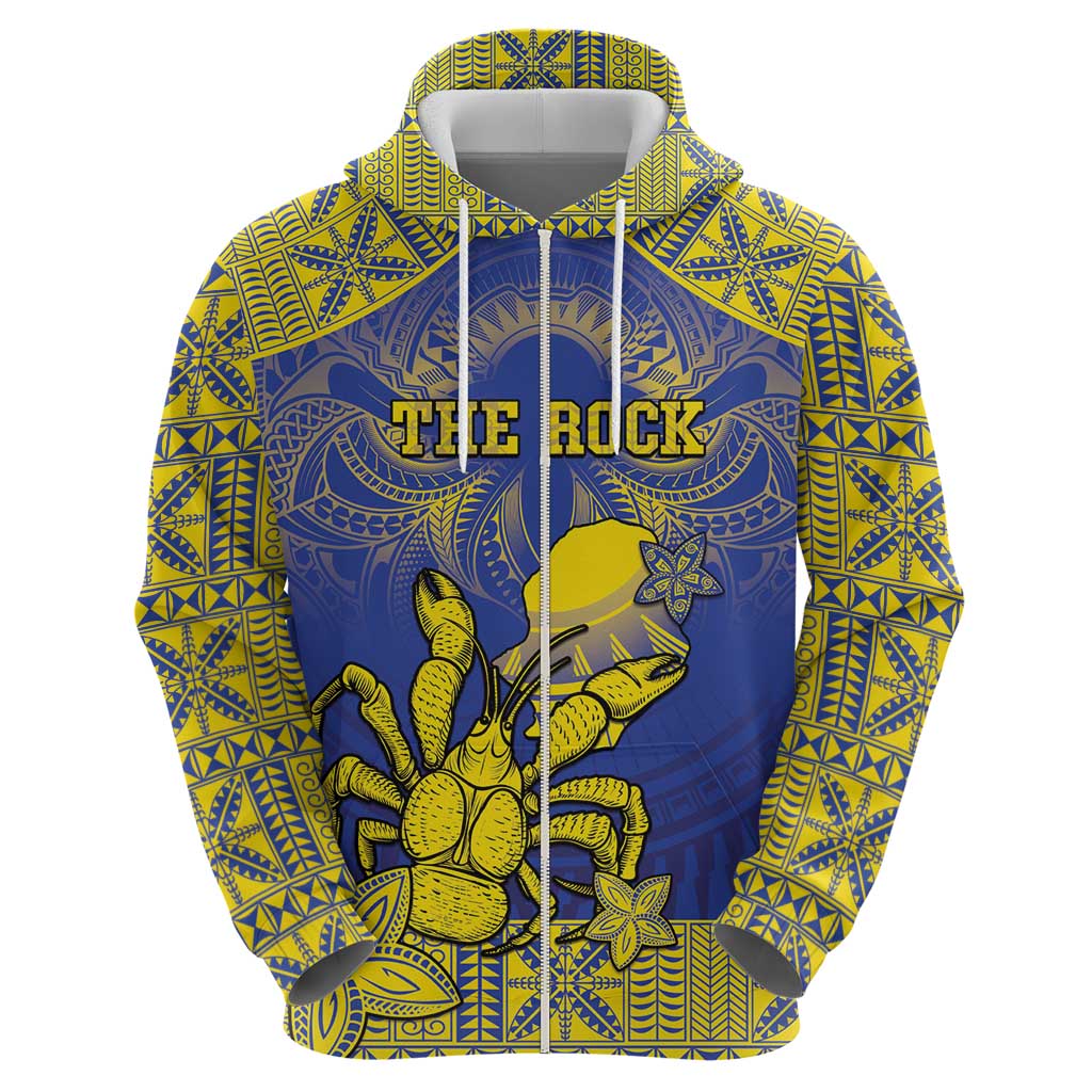 Personalised Niue The Rock Zip Hoodie Niuean Crab Hiapo Pattern Blue Version LT05