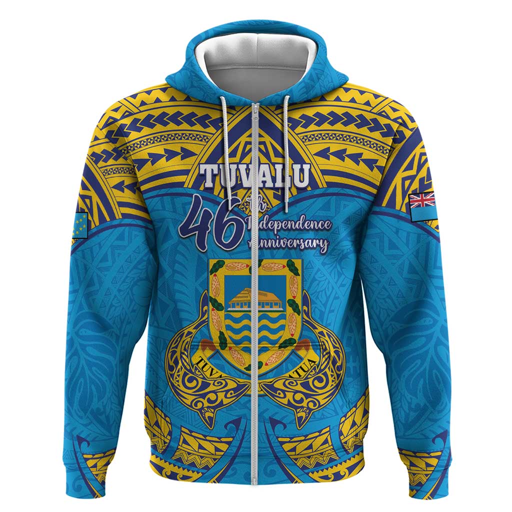 Personalised Tuvalu Independence Day Zip Hoodie Coat Of Arms With Polynesian Dolphin Tattoo LT05