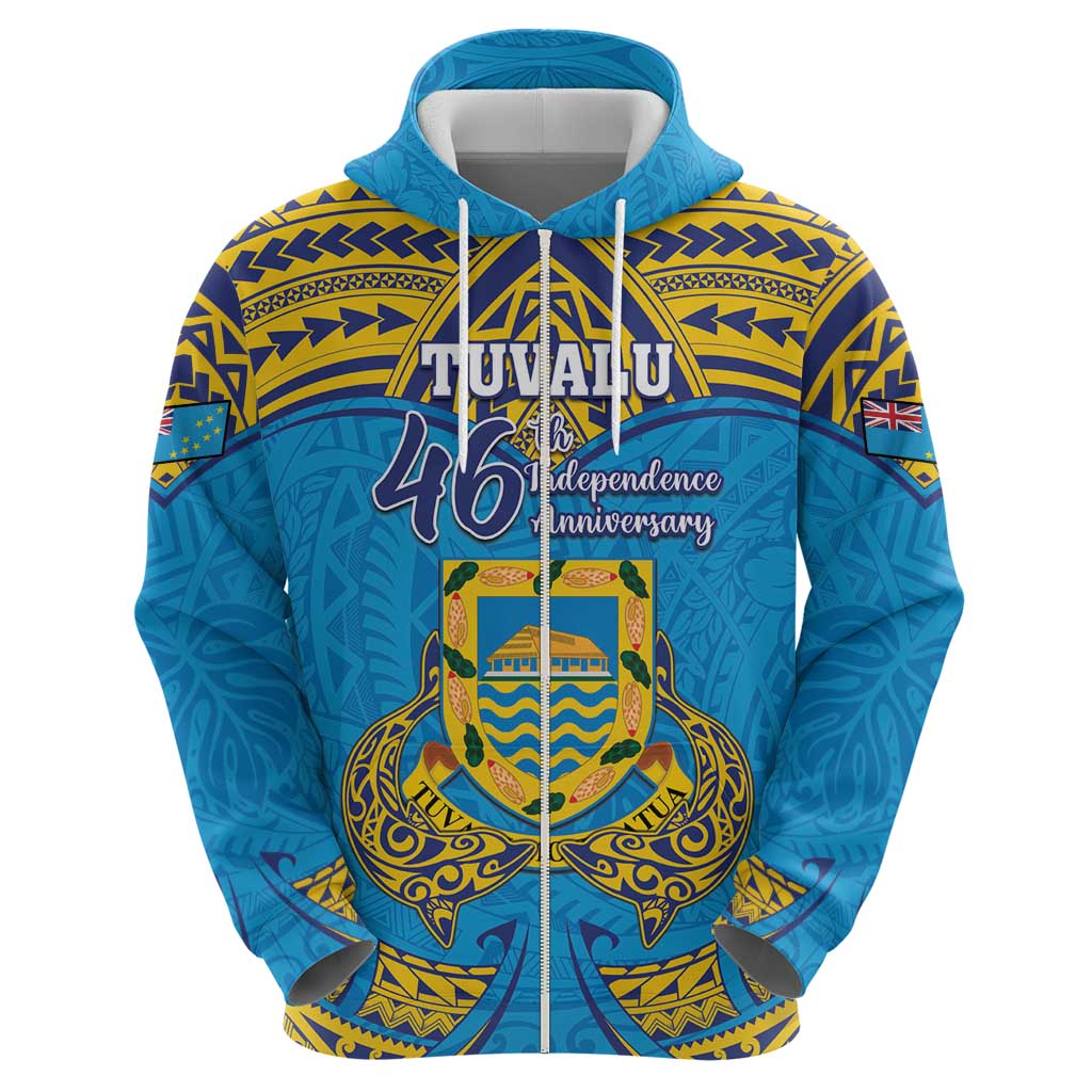 Personalised Tuvalu Independence Day Zip Hoodie Coat Of Arms With Polynesian Dolphin Tattoo LT05