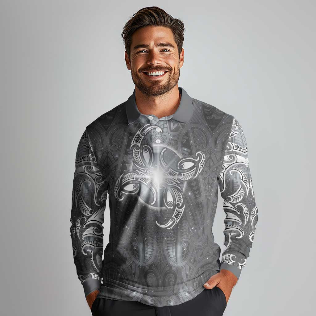 New Zealand Matariki Ururangi Long Sleeve Polo Shirt Maori Moko Grey Galaxy LT05