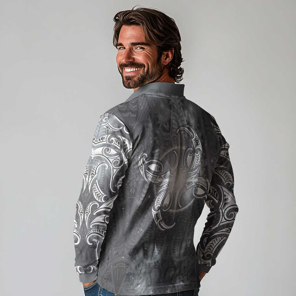 New Zealand Matariki Ururangi Long Sleeve Polo Shirt Maori Moko Grey Galaxy LT05