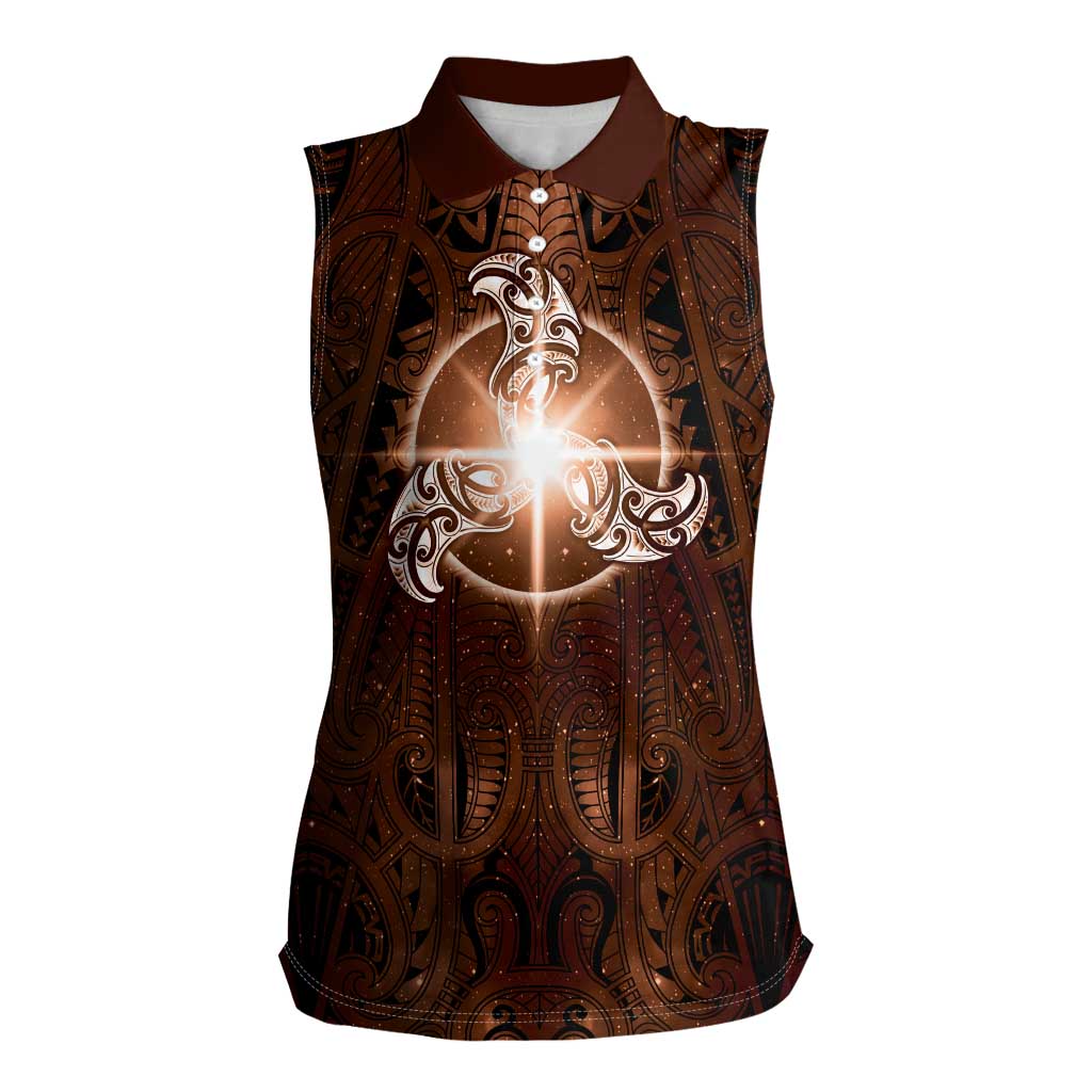 New Zealand Matariki Tupuanuku Women Sleeveless Polo Shirt Maori Moko Brown Galaxy LT05