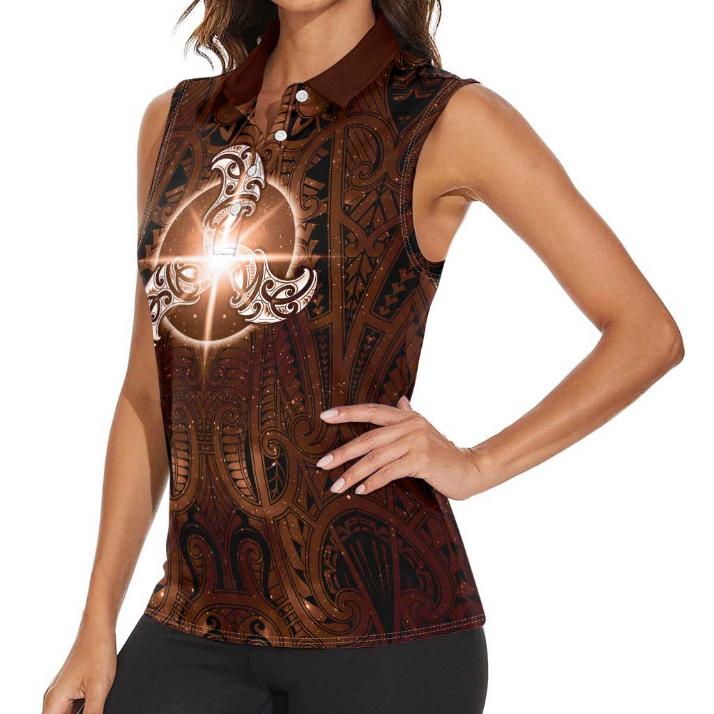 New Zealand Matariki Tupuanuku Women Sleeveless Polo Shirt Maori Moko Brown Galaxy LT05