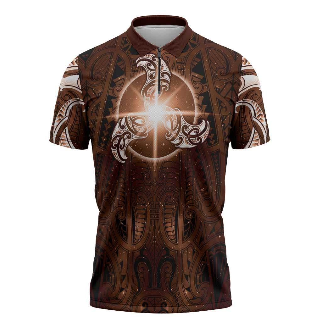New Zealand Matariki Tupuanuku Zipper Polo Shirt Maori Moko Brown Galaxy LT05